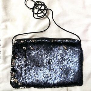 Sequined Evening Clutch Crossbody Strap Black Blue & Silver Soft Furry Interior